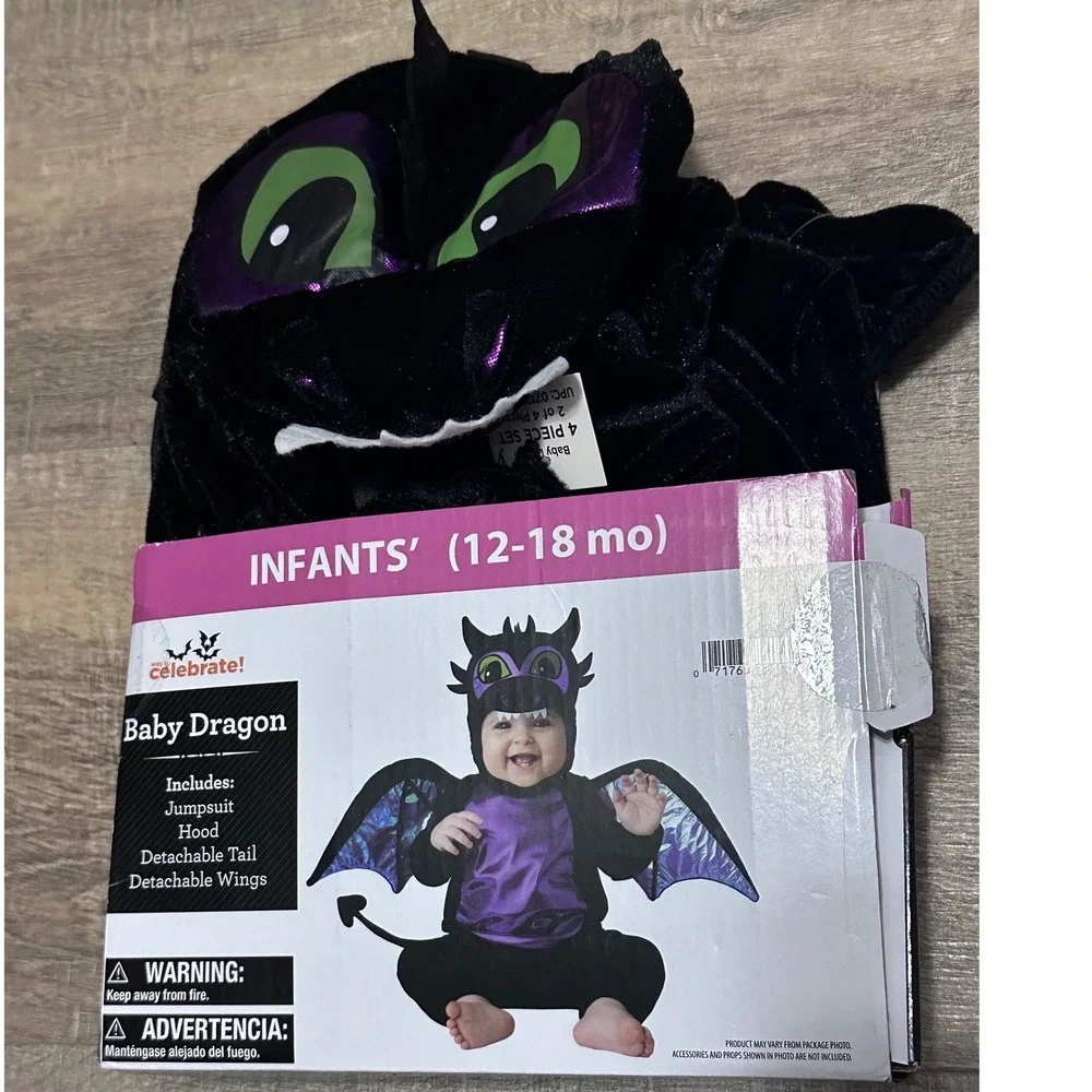 Baby Dragon Halloween Costume Infants 12-18 Months Black Purple 4pc Set NWT